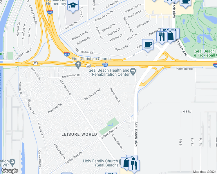 map of restaurants, bars, coffee shops, grocery stores, and more near 13181 Del Monte Drive in Seal Beach