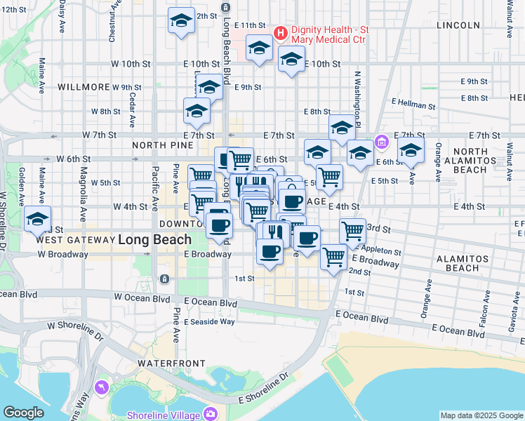 map of restaurants, bars, coffee shops, grocery stores, and more near in Long Beach