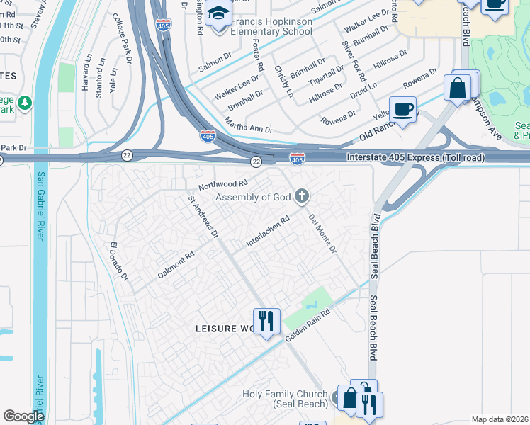 map of restaurants, bars, coffee shops, grocery stores, and more near in Seal Beach