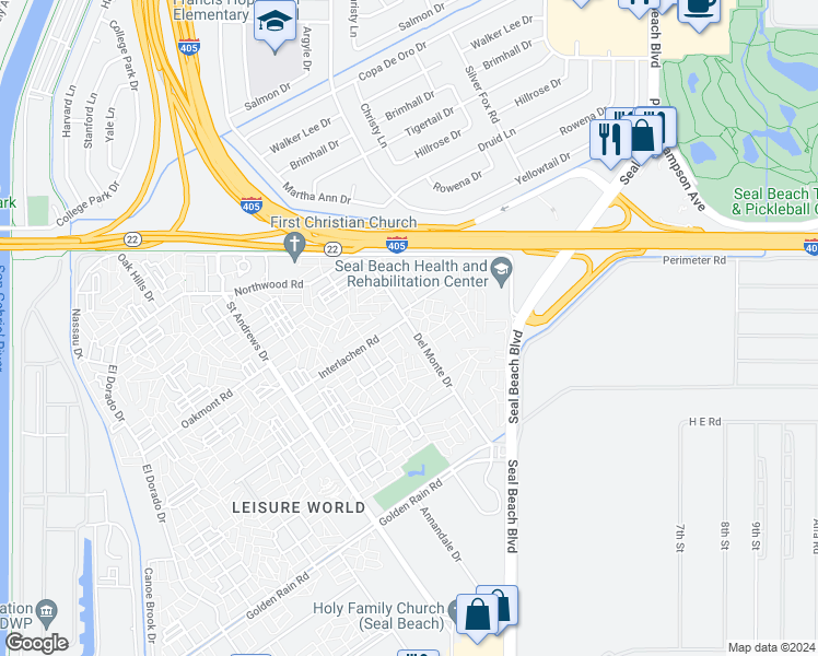 map of restaurants, bars, coffee shops, grocery stores, and more near 13181 Del Monte Drive in Seal Beach