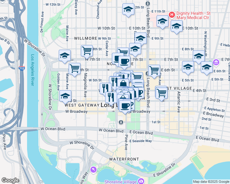 map of restaurants, bars, coffee shops, grocery stores, and more near 270 West 3rd Street in Long Beach