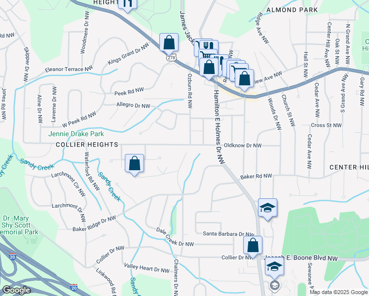 map of restaurants, bars, coffee shops, grocery stores, and more near 590 Collier Ridge Drive Northwest in Atlanta