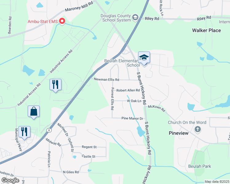 map of restaurants, bars, coffee shops, grocery stores, and more near 1250 Forrest Ellis Road in Douglasville