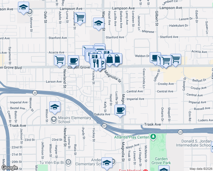 map of restaurants, bars, coffee shops, grocery stores, and more near 13148 Ferndale Drive in Garden Grove