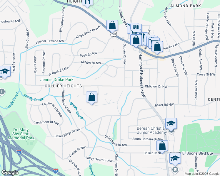 map of restaurants, bars, coffee shops, grocery stores, and more near 2803 Handy Drive Northwest in Atlanta