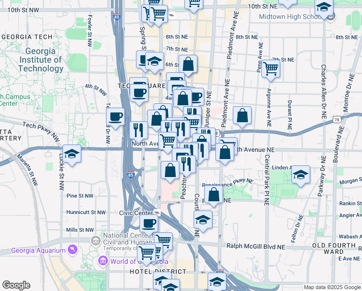 map of restaurants, bars, coffee shops, grocery stores, and more near in Atlanta