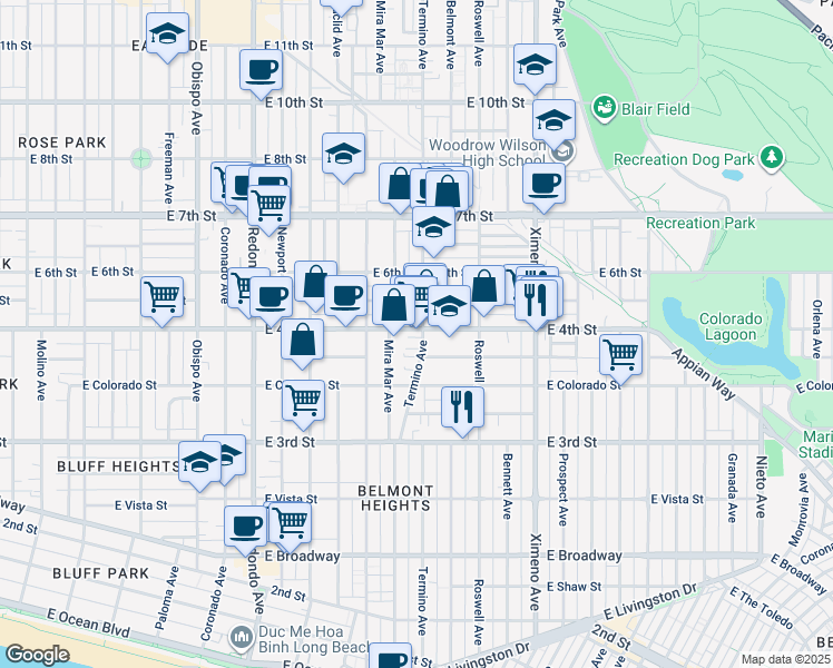 map of restaurants, bars, coffee shops, grocery stores, and more near in Long Beach