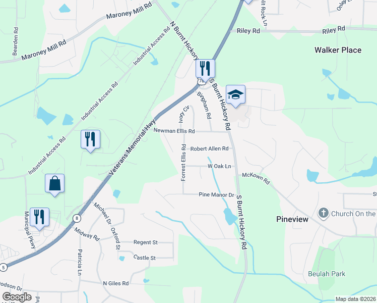 map of restaurants, bars, coffee shops, grocery stores, and more near 1275 Forrest Ellis Road in Douglasville