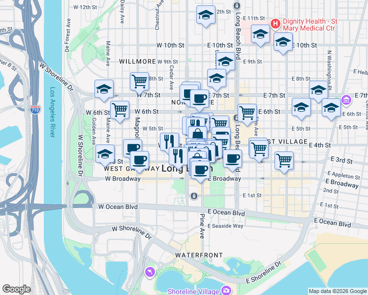 map of restaurants, bars, coffee shops, grocery stores, and more near 351 Pacific Avenue in Long Beach
