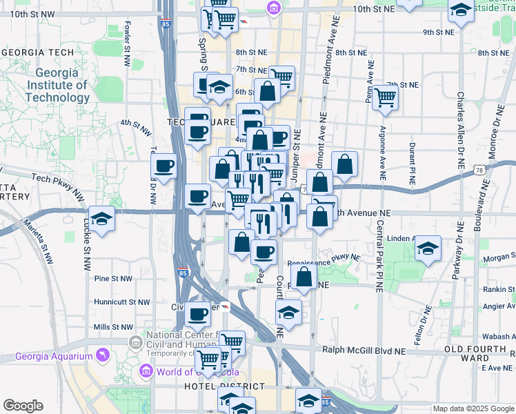 map of restaurants, bars, coffee shops, grocery stores, and more near 620 Peachtree Street Northeast in Atlanta
