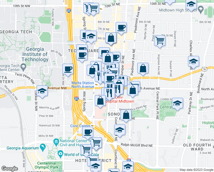 map of restaurants, bars, coffee shops, grocery stores, and more near in Atlanta
