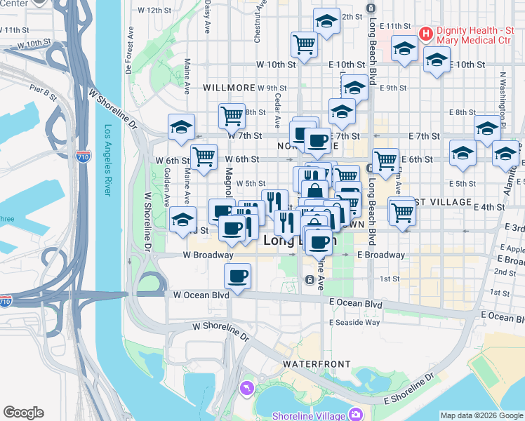 map of restaurants, bars, coffee shops, grocery stores, and more near 354 Chestnut Avenue in Long Beach