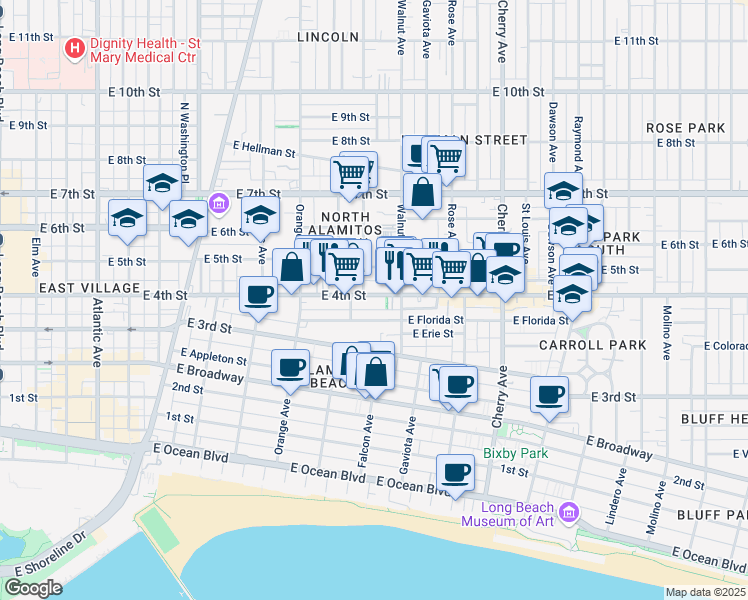 map of restaurants, bars, coffee shops, grocery stores, and more near 1509 East Florida Street in Long Beach