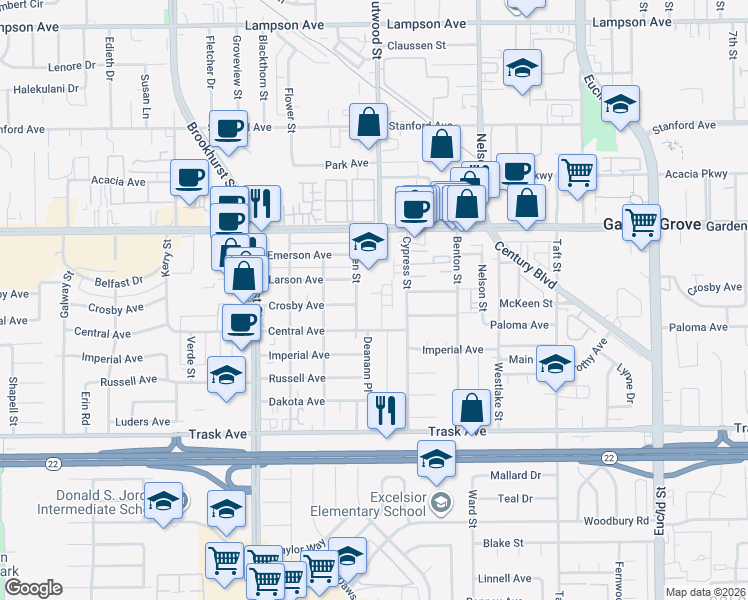 map of restaurants, bars, coffee shops, grocery stores, and more near 13161 Adland Street in Garden Grove