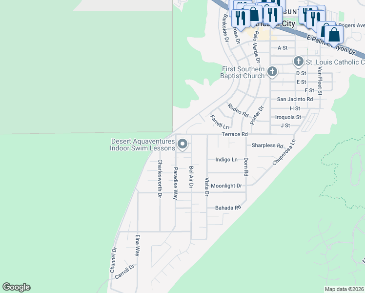 map of restaurants, bars, coffee shops, grocery stores, and more near 68177 Mountain View Road in Cathedral City