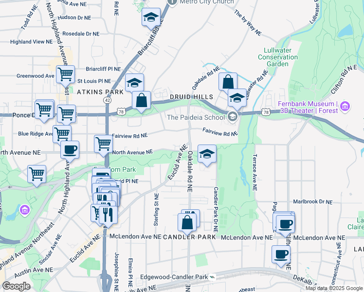 map of restaurants, bars, coffee shops, grocery stores, and more near 1414 Euclid Avenue Northeast in Atlanta