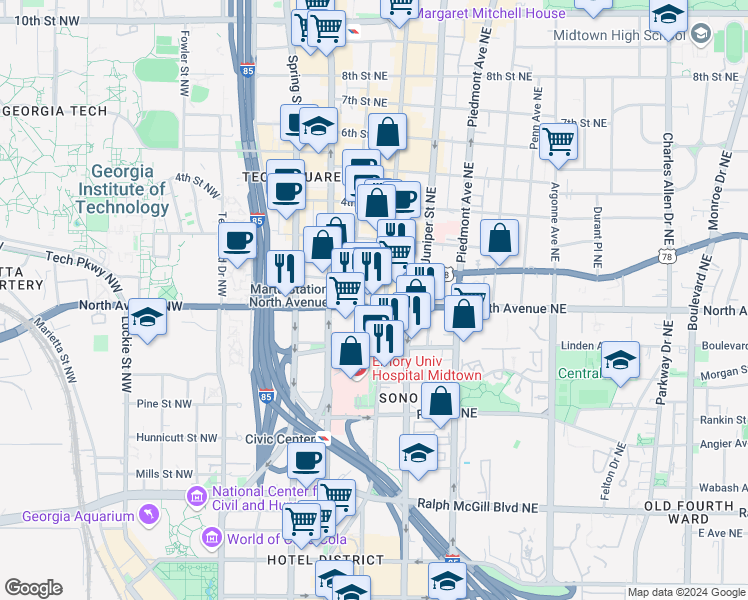map of restaurants, bars, coffee shops, grocery stores, and more near in Atlanta