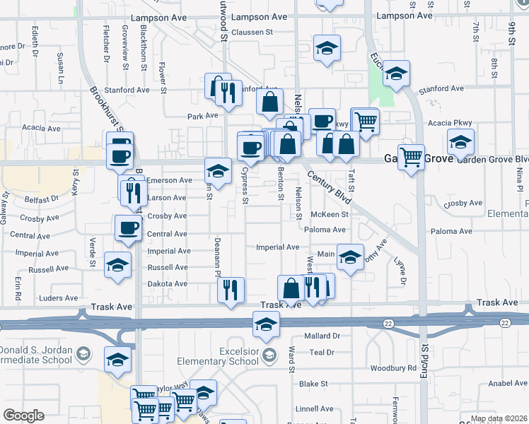 map of restaurants, bars, coffee shops, grocery stores, and more near 10422 Bonnie Drive in Garden Grove