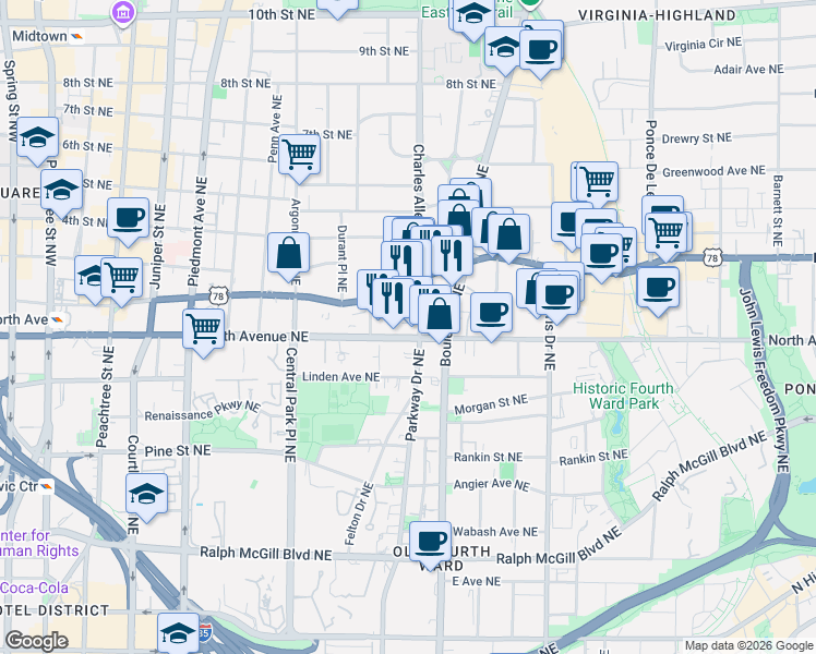 map of restaurants, bars, coffee shops, grocery stores, and more near 620 Parkway Drive Northeast in Atlanta