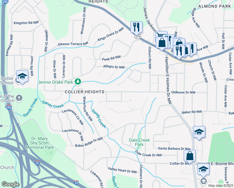map of restaurants, bars, coffee shops, grocery stores, and more near 2836 Oldknow Drive Northwest in Atlanta