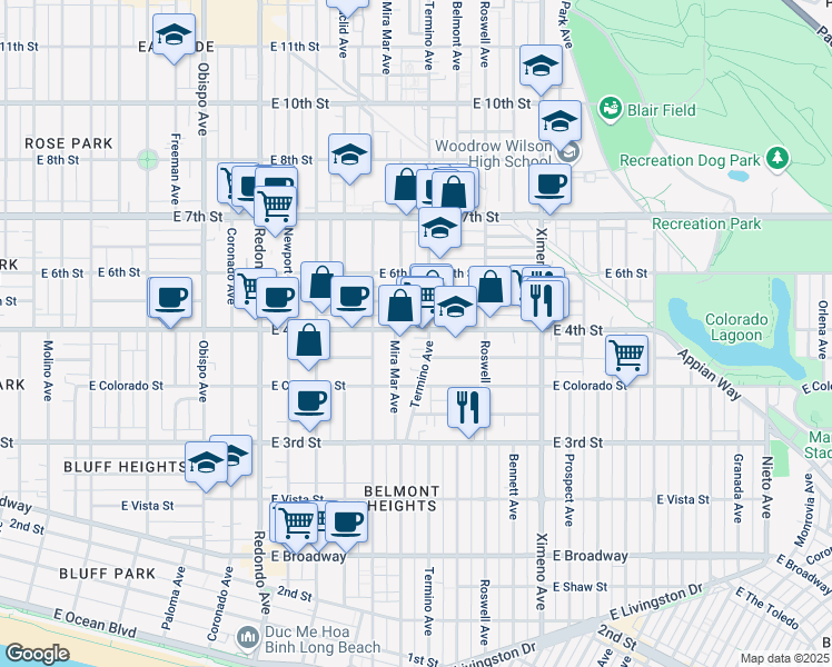 map of restaurants, bars, coffee shops, grocery stores, and more near in Long Beach