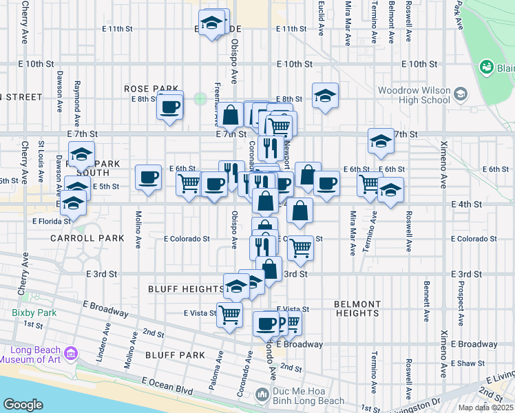 map of restaurants, bars, coffee shops, grocery stores, and more near 394 Coronado Avenue in Long Beach