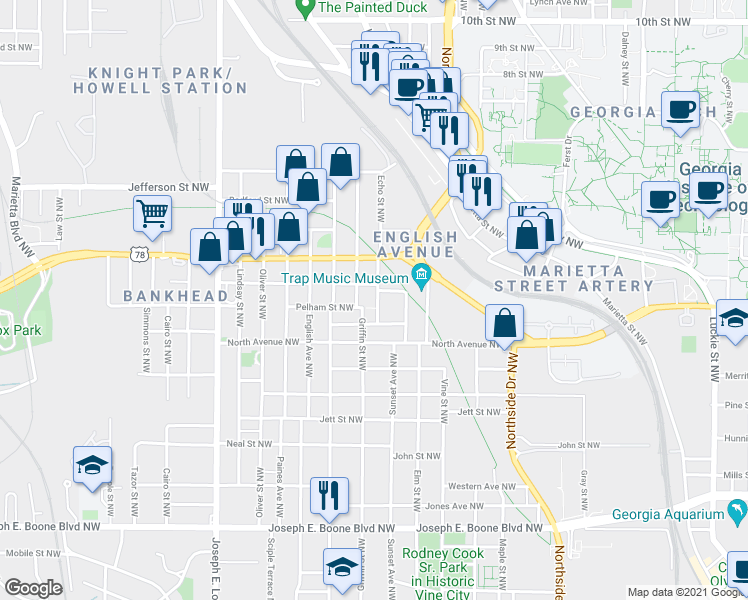 map of restaurants, bars, coffee shops, grocery stores, and more near 620 Echo Street Northwest in Atlanta