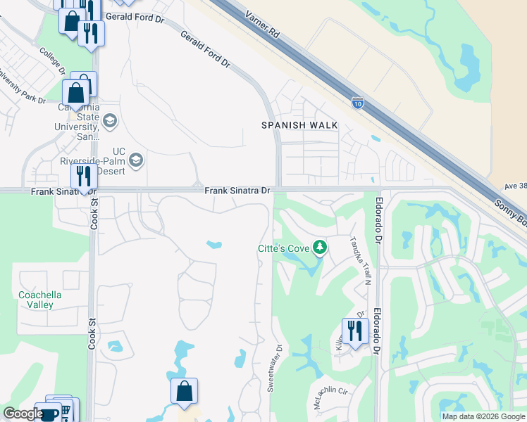 map of restaurants, bars, coffee shops, grocery stores, and more near 413 Desert Falls Drive North in Palm Desert