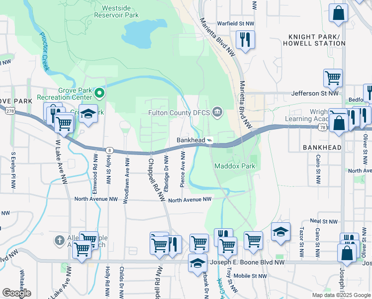 map of restaurants, bars, coffee shops, grocery stores, and more near 1314 Donald Lee Hollowell Parkway Northwest in Atlanta