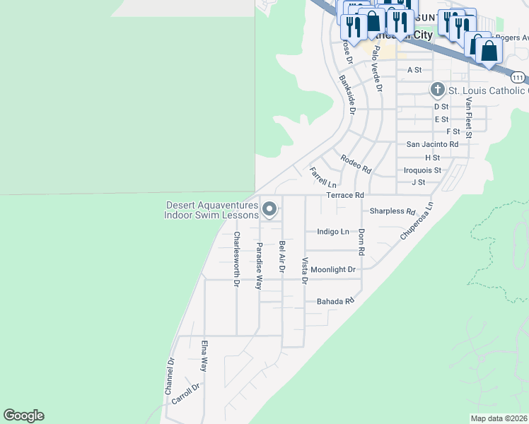 map of restaurants, bars, coffee shops, grocery stores, and more near 68159 Mountain View Road in Cathedral City