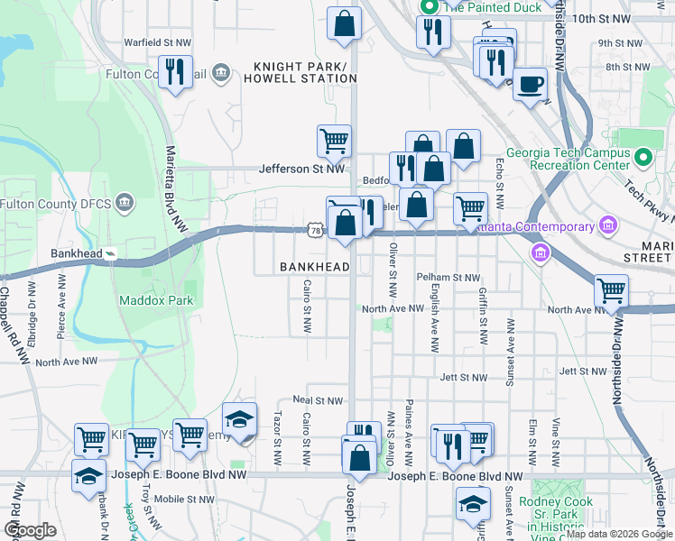 map of restaurants, bars, coffee shops, grocery stores, and more near in Atlanta