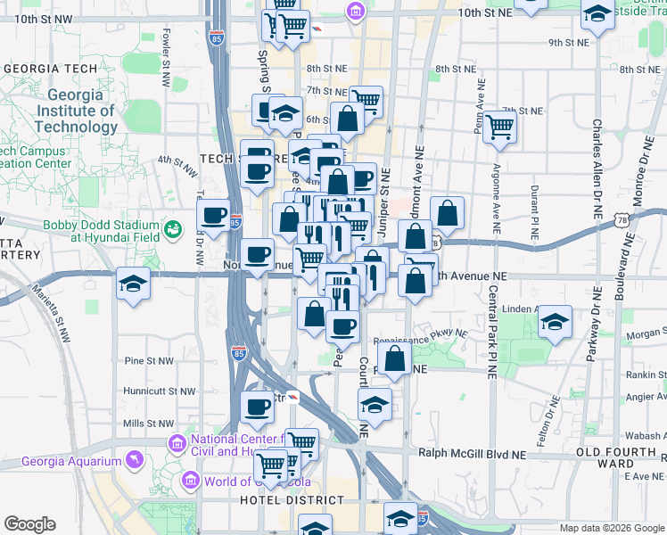 map of restaurants, bars, coffee shops, grocery stores, and more near in Atlanta