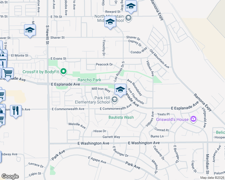 map of restaurants, bars, coffee shops, grocery stores, and more near 1083 Mill Iron Way in San Jacinto