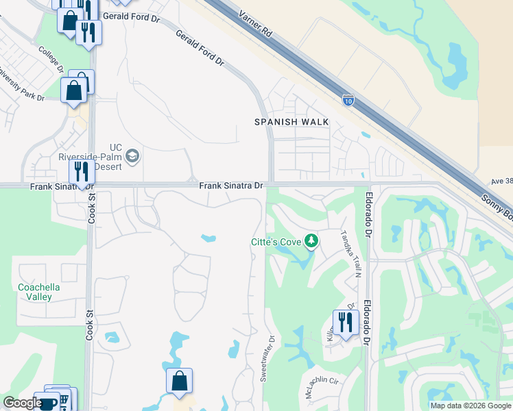 map of restaurants, bars, coffee shops, grocery stores, and more near 415 Desert Falls Drive East in Palm Desert