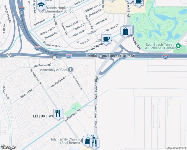 map of restaurants, bars, coffee shops, grocery stores, and more near 1981 McKinney Way in Seal Beach