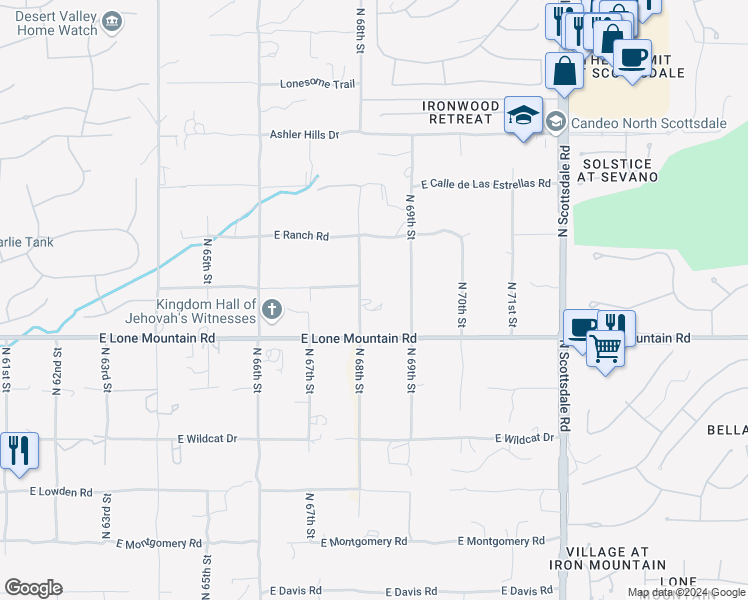 map of restaurants, bars, coffee shops, grocery stores, and more near 31439 North 68th Street in Cave Creek