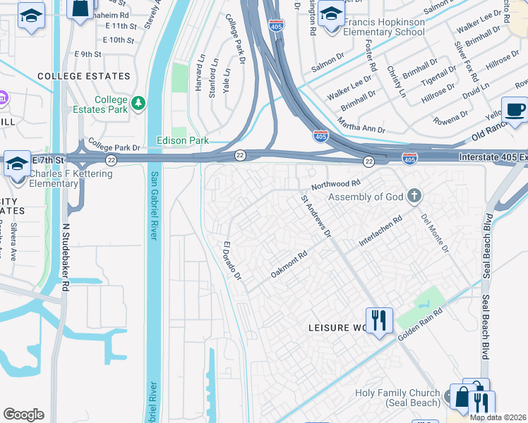 map of restaurants, bars, coffee shops, grocery stores, and more near 13170 Southport Lane in Seal Beach