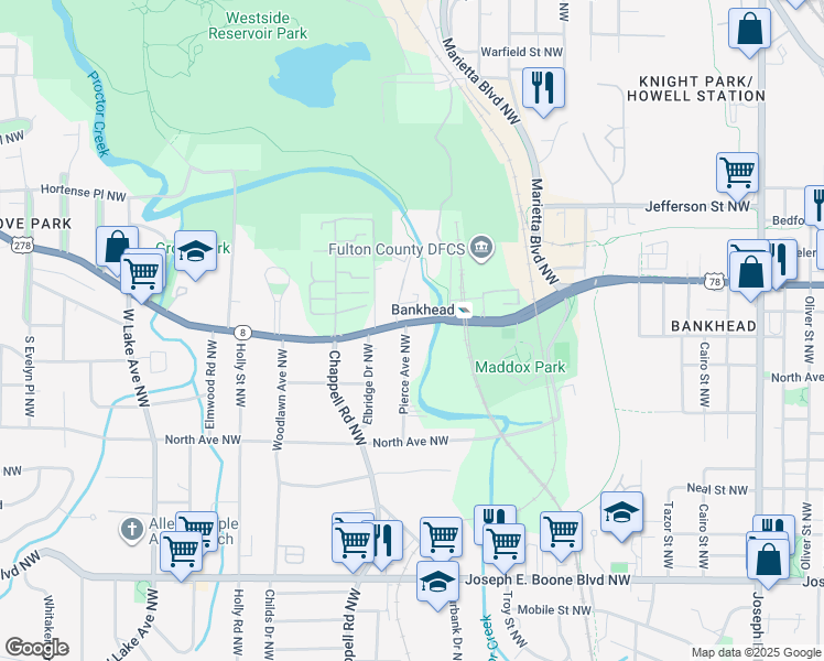 map of restaurants, bars, coffee shops, grocery stores, and more near 579 Pierce Avenue Northwest in Atlanta