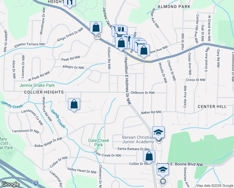 map of restaurants, bars, coffee shops, grocery stores, and more near 595 Collier Ridge Drive Northwest in Atlanta