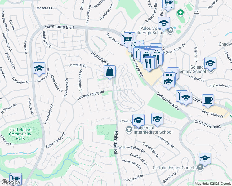 map of restaurants, bars, coffee shops, grocery stores, and more near 2 Sycamore Lane in Rolling Hills Estates
