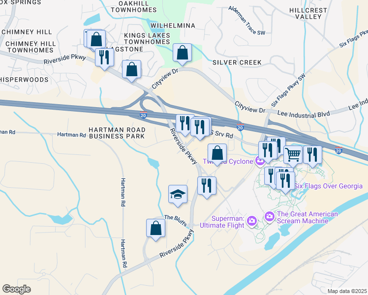 map of restaurants, bars, coffee shops, grocery stores, and more near 212 Riverside Parkway Southwest in Austell
