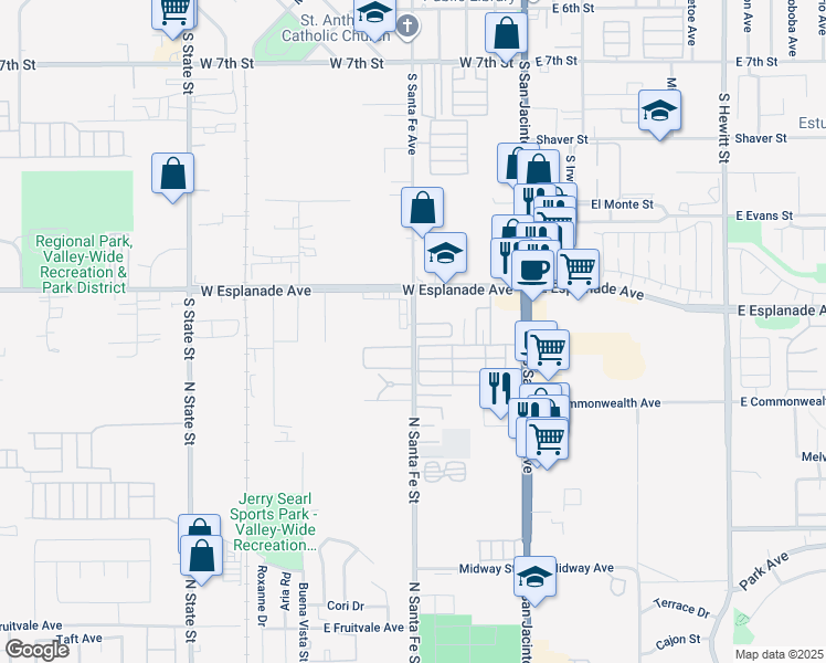 map of restaurants, bars, coffee shops, grocery stores, and more near 1555 South Santa Fe Avenue in San Jacinto