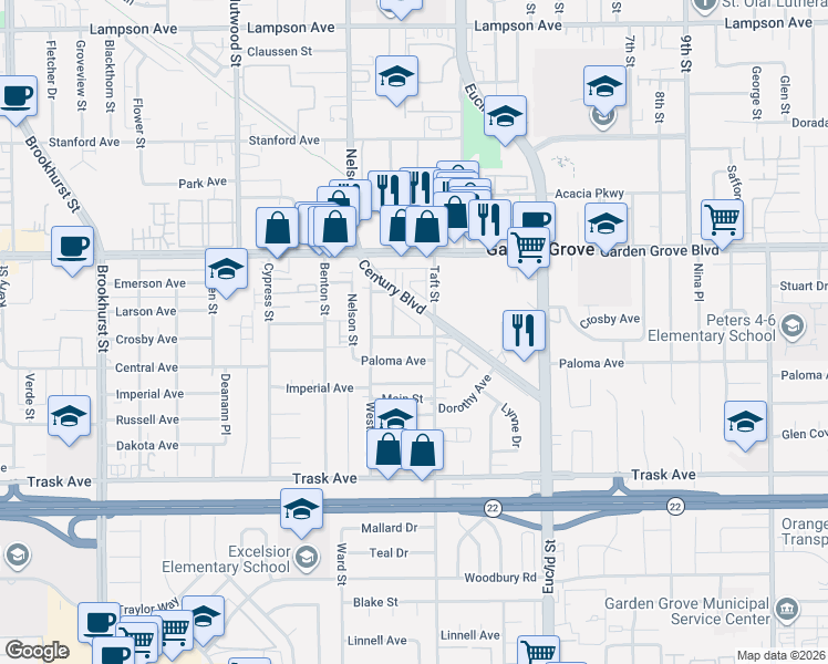map of restaurants, bars, coffee shops, grocery stores, and more near 10651 Paloma Avenue in Garden Grove