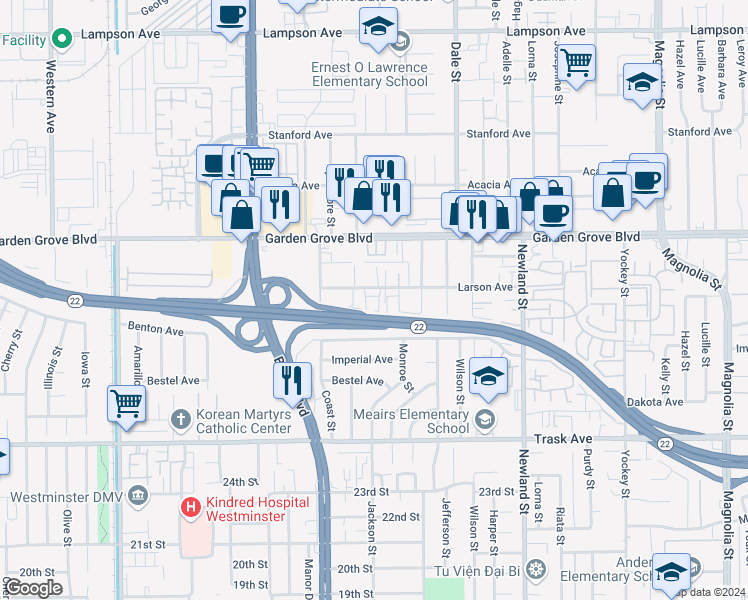 map of restaurants, bars, coffee shops, grocery stores, and more near 8152 Larson Avenue in Garden Grove