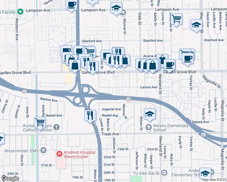 map of restaurants, bars, coffee shops, grocery stores, and more near 8042 Larson Avenue in Garden Grove