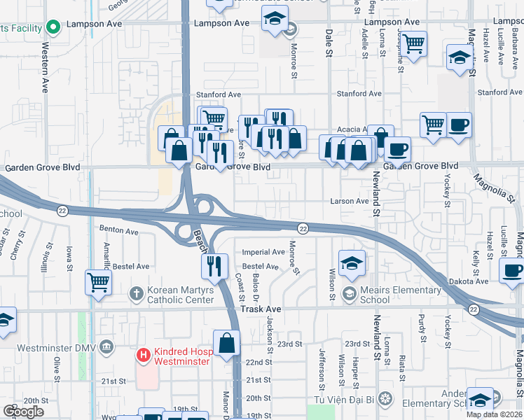 map of restaurants, bars, coffee shops, grocery stores, and more near 8042 Larson Avenue in Garden Grove
