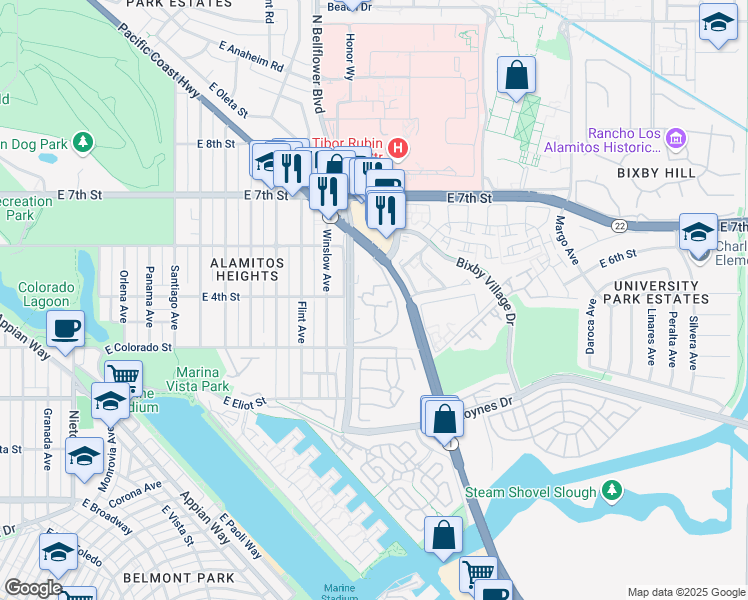 map of restaurants, bars, coffee shops, grocery stores, and more near 436 North Bellflower Boulevard in Long Beach