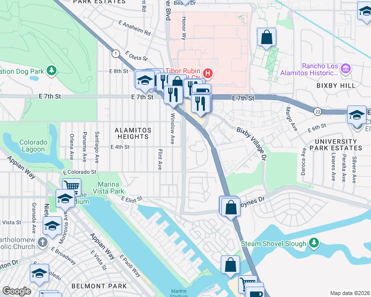 map of restaurants, bars, coffee shops, grocery stores, and more near 436 North Bellflower Boulevard in Long Beach