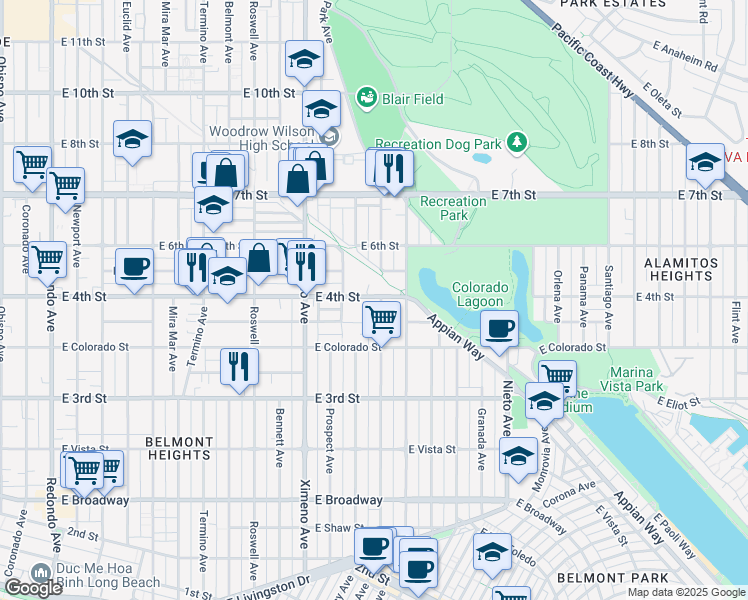 map of restaurants, bars, coffee shops, grocery stores, and more near 4682 East Barker Way in Long Beach