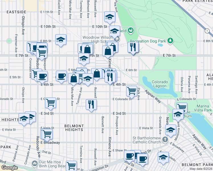 map of restaurants, bars, coffee shops, grocery stores, and more near 378 Ximeno Avenue in Long Beach